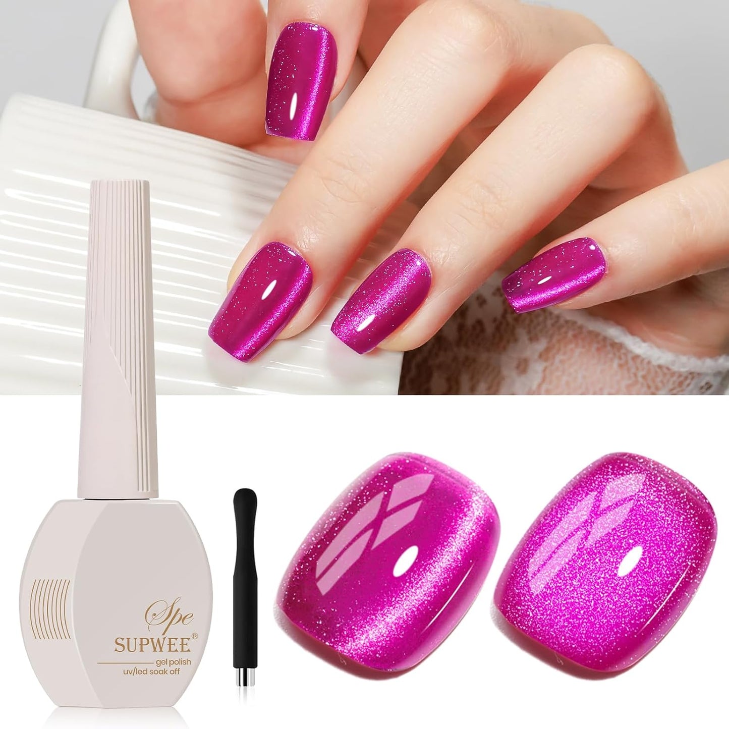 Hot Pink Cat Eye Gel Polish with Magnet 15ML Crystal Magnetic Cateye Gel Nail Nail Polish Holographic Glitter Shimmer Reflective Nail Polish with Magnet Soak Off Salon DIY at Home