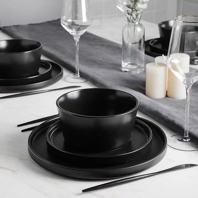 Stone Lain Celina Stoneware 16 Piece Dinnerware Set, Plates and Bowls, Black Matte Dish, Service for 4 – Minimalist Round Style, Microwave & Dishwasher Safe