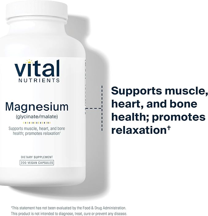 Vital Nutrients Magnesium Glycinate + Malate | 120mg Vegan Magnesium Supplement for Women and Men | Muscle, Heart, Bone Support* | Promotes Relaxation | Gluten, Dairy and Soy Free | 200 Capsules