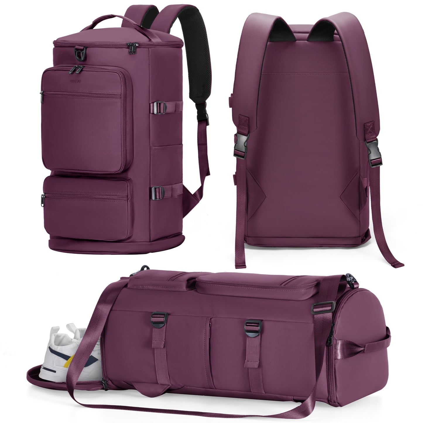 MIYCOO Gym Bag for Women Men - 3 in 1 Duffle Bag and Gym Backpack with Shoes Compartment and Wet Pocket - Sports Bag Carry On Weekender Overnight Backpack for Travel, Purple