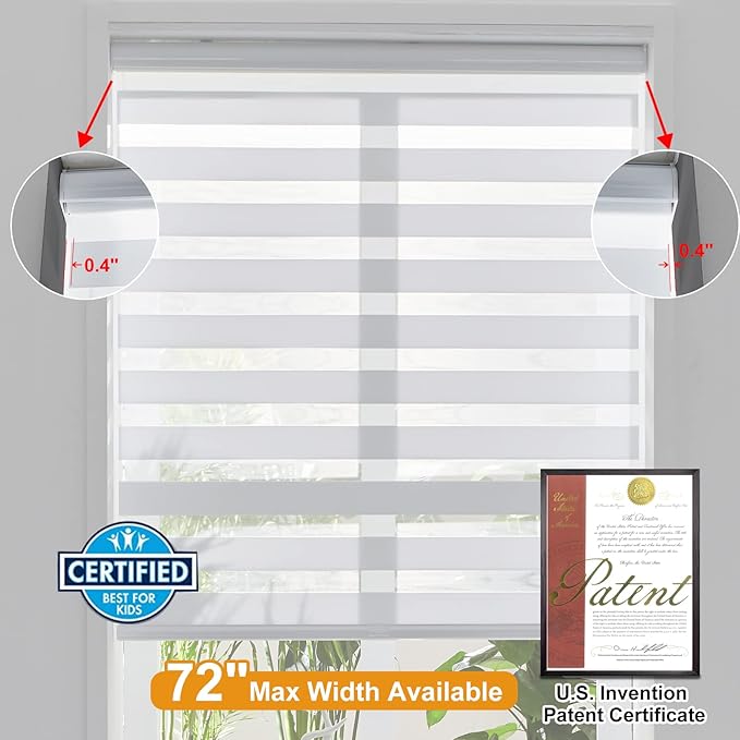 Persilux Zebra Blinds for Windows, Dual Layer Zebra Roller Shades (45" W x 72" H, White) Light Filtering Sheer Shades, Easy to Install, Cordless Room Darkening Roller Blinds for Office
