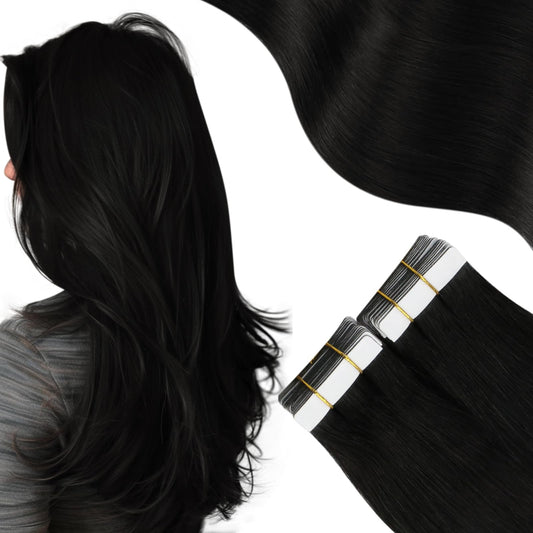 Moresoo Black Tape in Hair Extensions Human Hair Natural Black Human Hair Extensions Tape in Real Human Hair Invisible Tape in Human Hair Extensions 14 Inch #1B 20pcs 40g