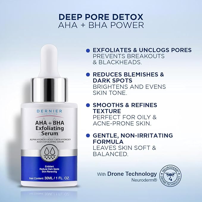 Dernier Exfoliating Serum with AHA + BHA 0.5% – Face Wash Skin Care Lactic Acid Salicylic Acid Hyaluronic Acid for Hyperpigmentation & Pore Minimizing Cell Regenerator (1 fl oz)