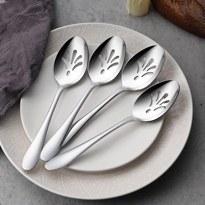 Stainless Steel Slotted Serving Spoons, E-far 4-Piece Metal Tablespoons Hostess Serving Utensils Set for Catering Buffet Party Kitchen Restaurant, Dishwasher Safe