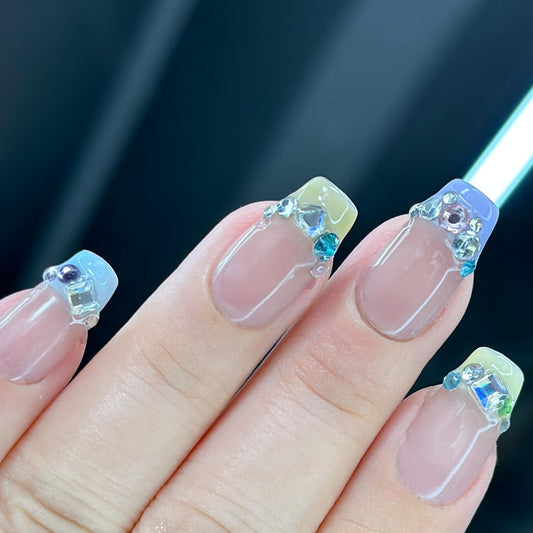 Ricefod Press on Nails Handmade French Tip Fake Nails 10 Pcs Reusable Luxury Nails with Colorful Diamonds Press on False Nails Macaron Colors Nails Set, Small Size