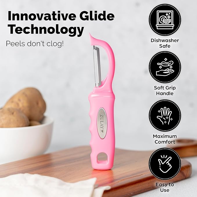 Zulay Kitchen Premium Vegetable Peeler for Kitchen - Swivel Peeler with Razor Sharp Stainless Steel Blades & Strong Ergonomic Handle - Dishwasher Safe, Easy To Use with Blemish Remover - Pink