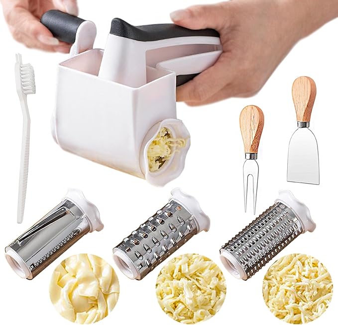 Cheese grater with handle, rotary cheese grater with 3 stainless steel Drums and 2 cheese tools and cleaning brush, ergonomically designed, can be used to grate Parmesan cheese, chocolate, nuts, etc
