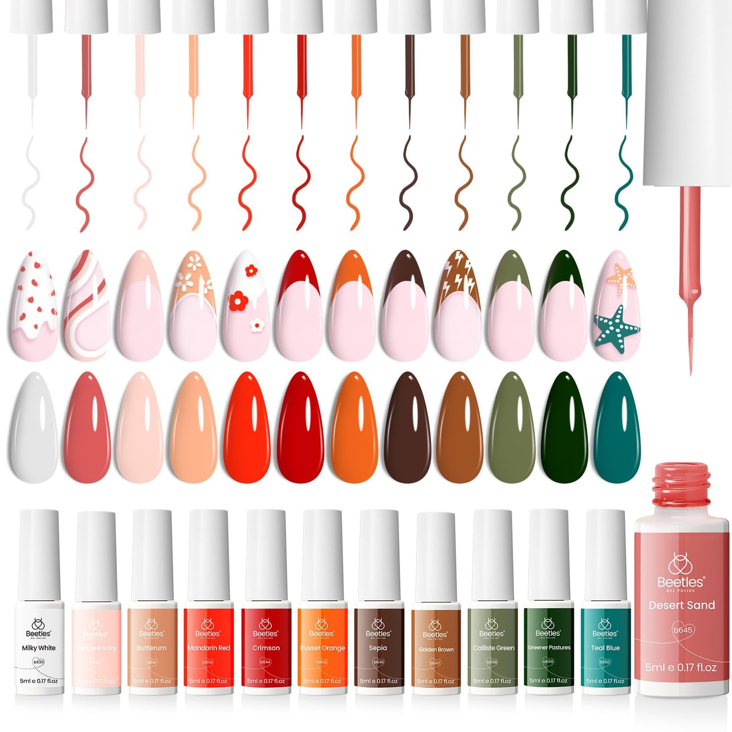 beetles Gel Polish 12 Pcs White Nude Red Green Gel Polish Paint Swirl Gel Nail Art Built Thin Brush in Bottle Soak off Uv Led Lamp Fall Gel Nail Polish