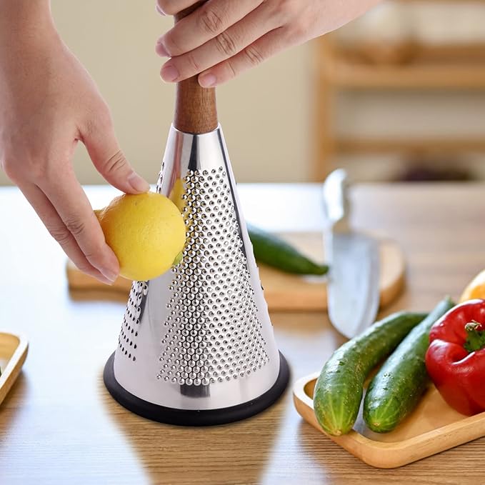 Cone Cheese Grater with Handle - Stainless Steel Triple Function Wood Handle Parmesan Shaver Non-Slip Rubber Bottom Hand Held Multifunction Vegetables Cheese Grater with container (M: 9.4" X 4.3")