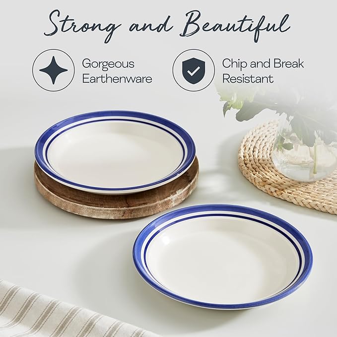 Portmeirion Potter's Stripe Salad Plate (Set of 4) - 8" Earthenware Plates with Classic Striped Rim - Microwave, Dishwasher, Freezer, Oven Safe - Ideal Modern Dinnerware Set (Blue Stripe)