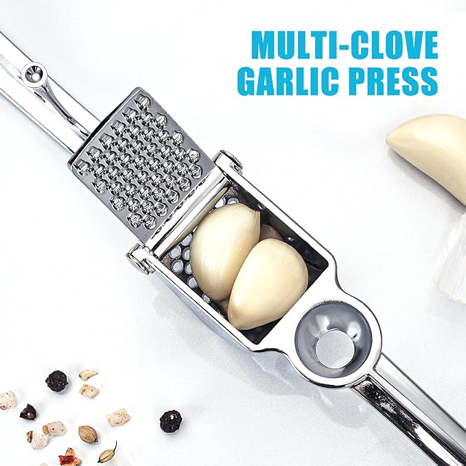 Garlic Press, Premium Kitchen Garlic Mincer Tool, Rust Proof & Dishwasher Safe, Heavy Duty Professional Metal Garlic Crusher with Ergonomic Handle, Easy to Squeeze and Clean -Silver