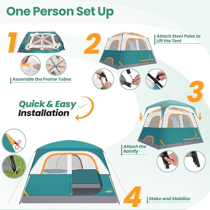 COBIZI Camping Tent, 4/6 Person Easy Setup Waterproof Windproof Backpacking Tent with Removable Rainfly, Lightweight Portable Outdoor Family Tents for Camping, Travel, Fishing, Hiking, Scouts