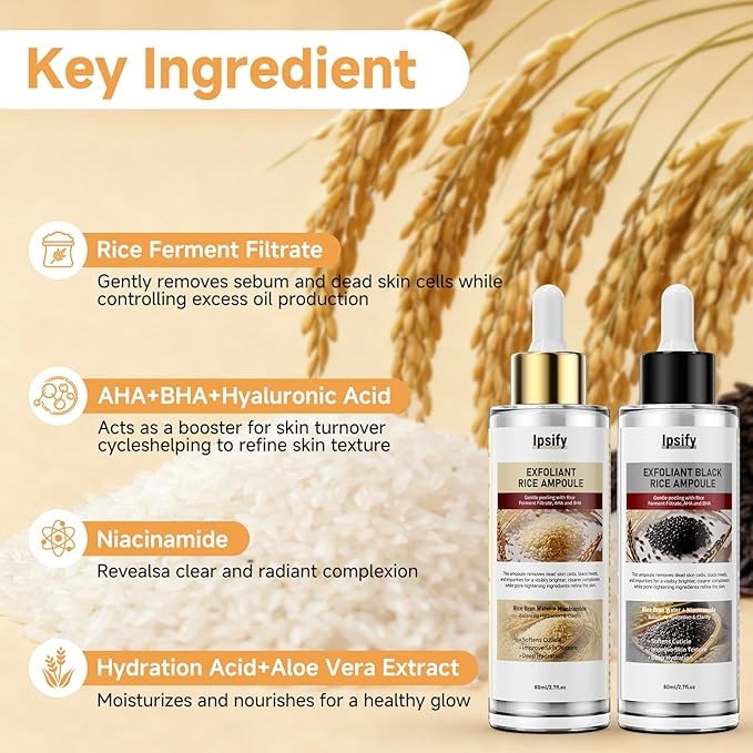 Peel Shot Glow Rice Ampoule Duo, Black and White Rice Exfoliant for Face and Body, Rice Exfoliator for Faces Dead Skin Cells Remover, Face Peel Shot Serum for Softens Cuticle (White+Black, 160ml)