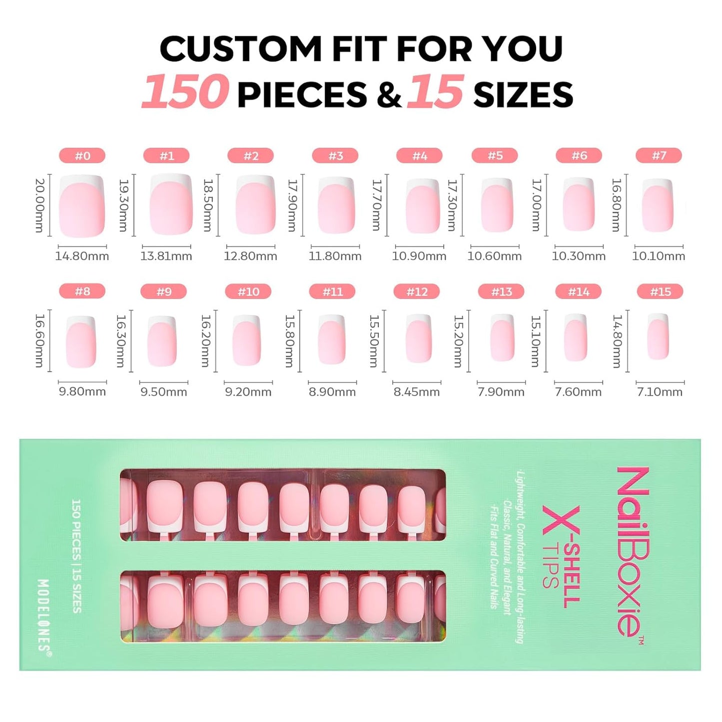 modelones French Tip Press on Nails, Short Square Fake Nails with Nail Box, Pink & White Gel Nail Tips for Women, Soft Glue-On Nails for Natural Salon Look, DIY Nail Art Kit