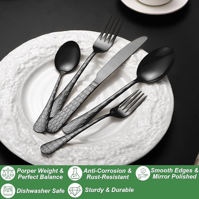 40 Pcs Black Silverware Set for 8 with Water Cube Handle design, Food Grade Stainless Steel Flatware Set, Eating Utensils Sets Include Fork/Knife/Spoon, Reusable Cutlery Set, Dishwasher Safe