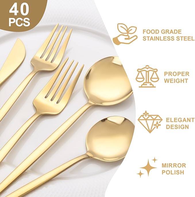 NOCCUR 40-Piece Gold Silverware Set for 8 - Stainless Steel Gold Flatware Set Include Knives, Spoons and Forks for Home/Party/Thanksgiving