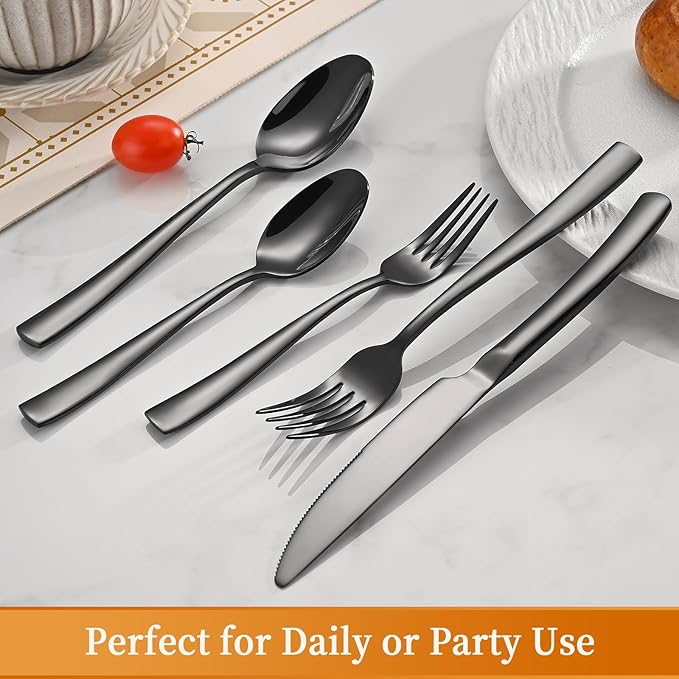 20-Piece Black Silverware Set, Heavy Duty Stainless Steel Flatware Cutlery Set Service for 4, Food-Grade Utensil Sets for Home Restaurant, Dishwasher Safe