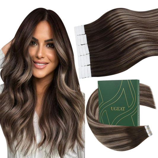 Ugeat Tape in Hair Extensions Human Hair Brown Balayage Hair Extensions Tape in Dark Brown Highlight Ash Brown Ombre Seamless Tape in Human Hair Extensions for Women Short Hair 12 inch 20Pcs 30G