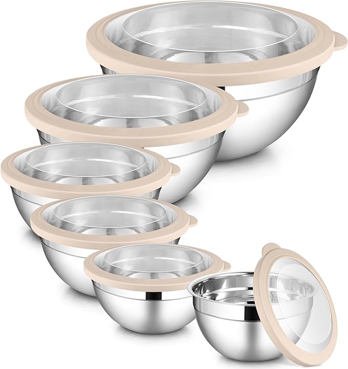 LIANYU Mixing Bowls with Visible Airtight Lids Set, 6Pcs Stainless Steel Kitchen Metal Nesting Bowls, Large Size 7, 3.5, 2.5, 2, 1.5, 1QT for Cooking, Baking, Serving, Dishwasher & Freezer Safe, Khaki