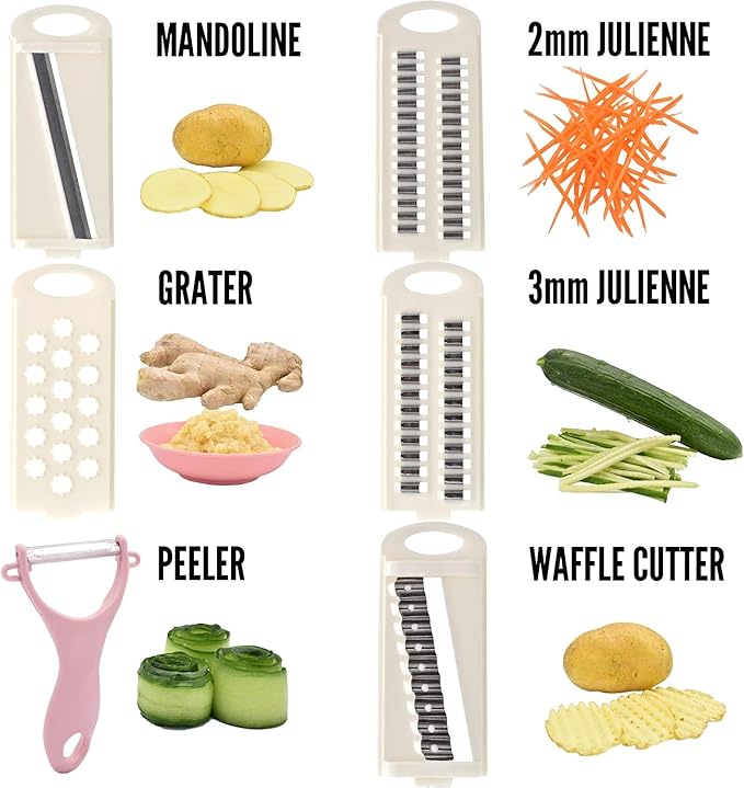 Mandoline Slicer for Kitchen Slicer Vegetable Cutter 5 In 1 Veggie Slicer Potato Slicer waffle fry cutter Hot Swap Mandolin with Peeler for Vegetables Carrot Shredder Cucumber Slicer - Pink