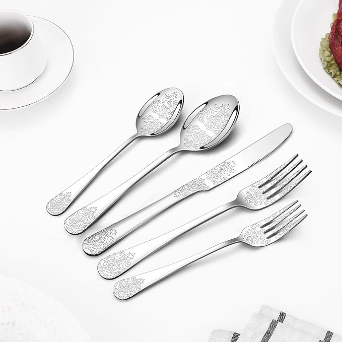 20 Pcs Silverware Set for 4 with Classical Flower Embossed Design, Food Grade Stainless Steel Flatware Set, Eating Utensils Sets Include Fork/Knife/Spoon, Reusable Cutlery Set, Dishwasher Safe