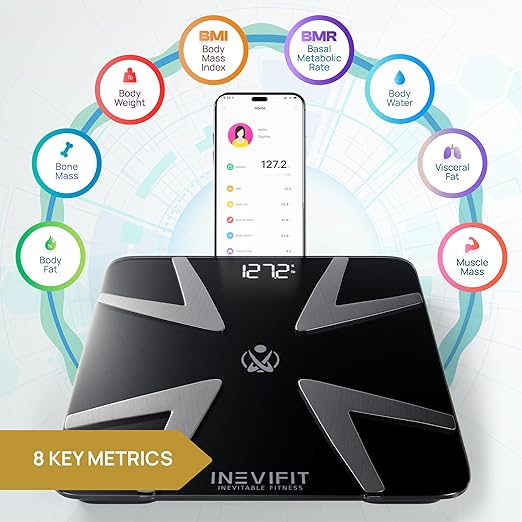 INEVIFIT Smart Body Fat Scale, Highly Accurate Bluetooth Digital Bathroom Body Composition Analyzer, Measures Weight, Body Fat, Water, Muscle, BMI, Visceral Fat & Bone Mass for Unlimited Users