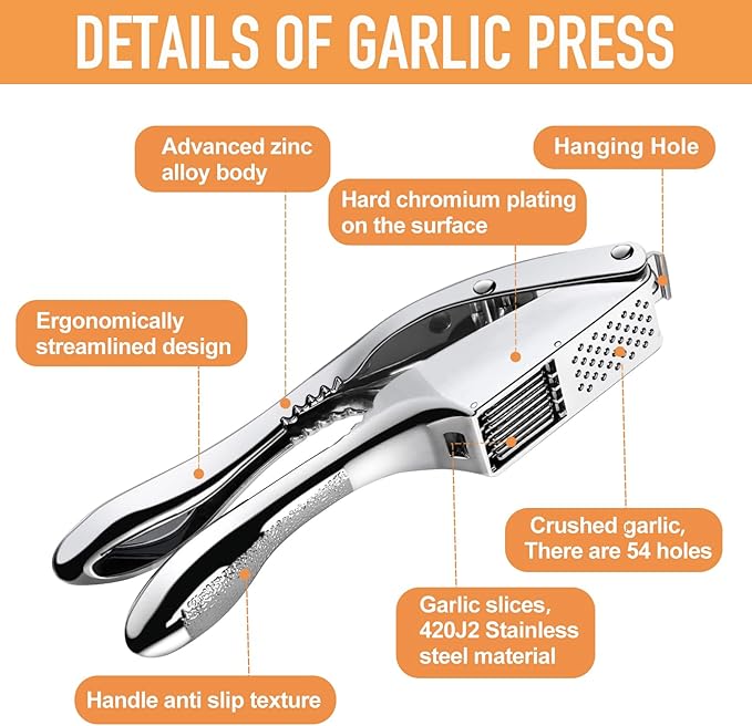 Garlic press and slicer 2 in 1,Effortlessly Crush, Slice, and Mince Garlic,with this Versatile Kitchen Tool - Perfect for Home Cooks and Professional Chefs Alike. (Silvery)