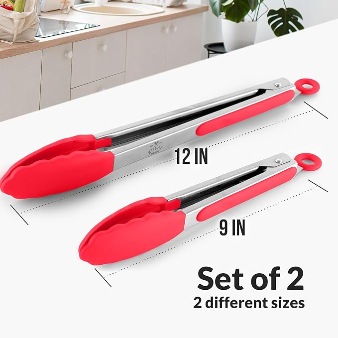 Zulay Stainless Steel Kitchen Tongs with Silicone Tips - Set of 2 (9” & 12”) Locking Cooking Tongs with Non-Slip Grip - Heat Resistant, BBQ Food Tongs for Non-Stick Cooking Pans (Silver/Soft Red)