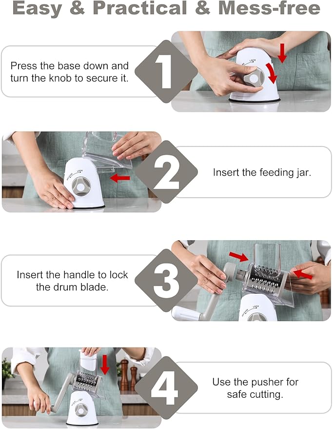 Cheese Grater Rotary, Rotary Grater for Kitchen, Kitchen Grater Vegetable Slicer with 3 Drum Blades, Fast Cutting Cheese Shredder for Vegetables and Nuts