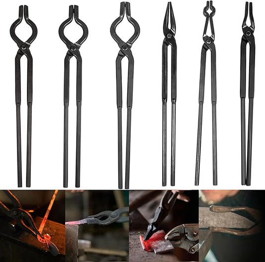 Beginner blacksmith tongs Blacksmith Forge Tong Tools Set Includes 1/4 Flat Jaw, Pick Up, Scroll, 3/8 1/2 5/8 V-Bit Tongs (6 Piece)