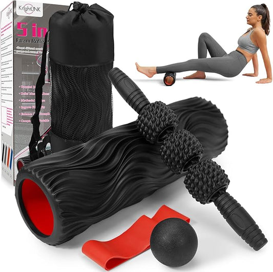 5 in 1 Foam Roller Set Muscle Massage Foam Ripple Roller for Deep Tissue Massage of The Back and Leg Muscles, Relieves Muscle Pain & Tightness, Improves Mobility (Black)