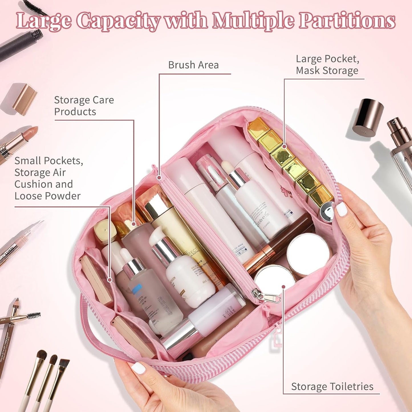 Travel Makeup Bag for Women, 2Pcs Portable Personalized Initial Makeup Organizer Bag, Open Flat Large Cosmetic Bag With Travel Essential Pouch (Pink Letter H)