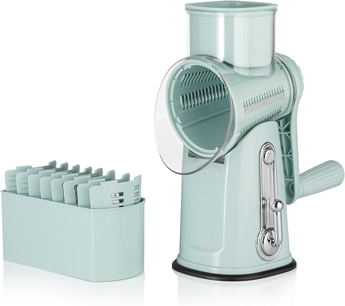 5 in1 Rotary Cheese Grater with Handle, Rotary Grater, Vegetable Slicer, Shredder, Carrot Grater, Nut Grinder, and Chocolate Shaver (Light Green)