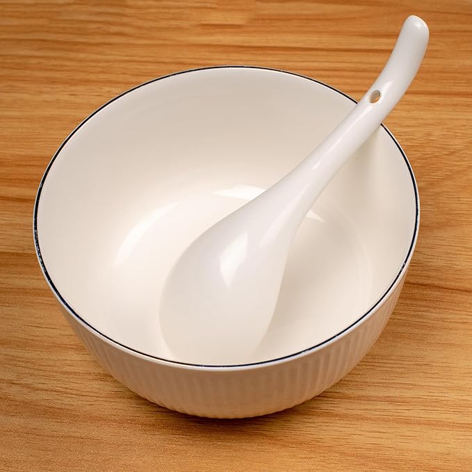 Soup Spoons Set of 8, Ceramic Chinese Soup Spoon, Asian Soup Spoons, White Japanese Spoon Large for Ramen Pho Wonton Dumpling Miso, Deep Oval Hook Design (8 pcs-6.7 inch)