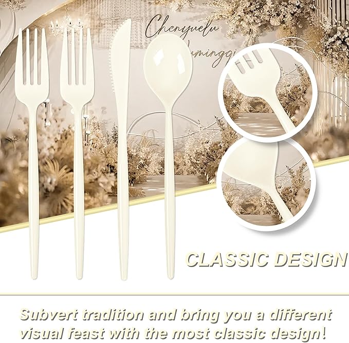 Supernal 180pcs Plastic Silverware Heavy Duty Ivory Plastic Utensils Cutlery Disposable Beige Plastic Cutlery Include 60 Plastic Forks,60 Plastic Knvies,60 Plastic Spoons for Party,Wedding