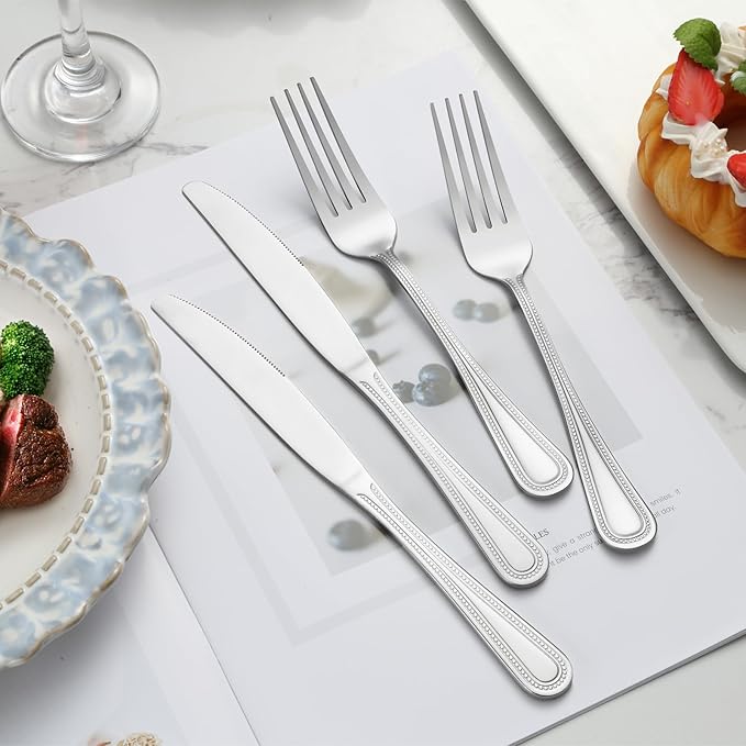 24-Piece Dinner Fork Set, 8-Inch Silverware, Stainless Steel, Elegant Pearl Dot Handle, Dishwasher Safe