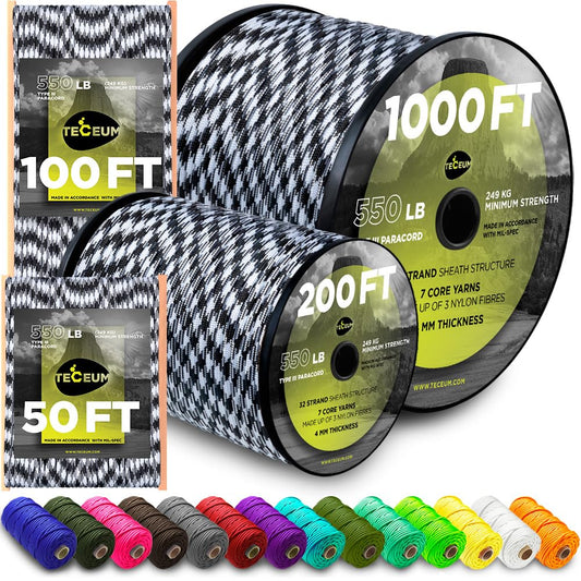 TECEUM Paracord Type III 550 Urban Camo – 50 ft – 4mm – Tactical Rope MIL-SPEC – Outdoor Para Cord – Camping Hiking Fishing Gear – EDC Parachute Cord –Strong Survival Rope 1607m