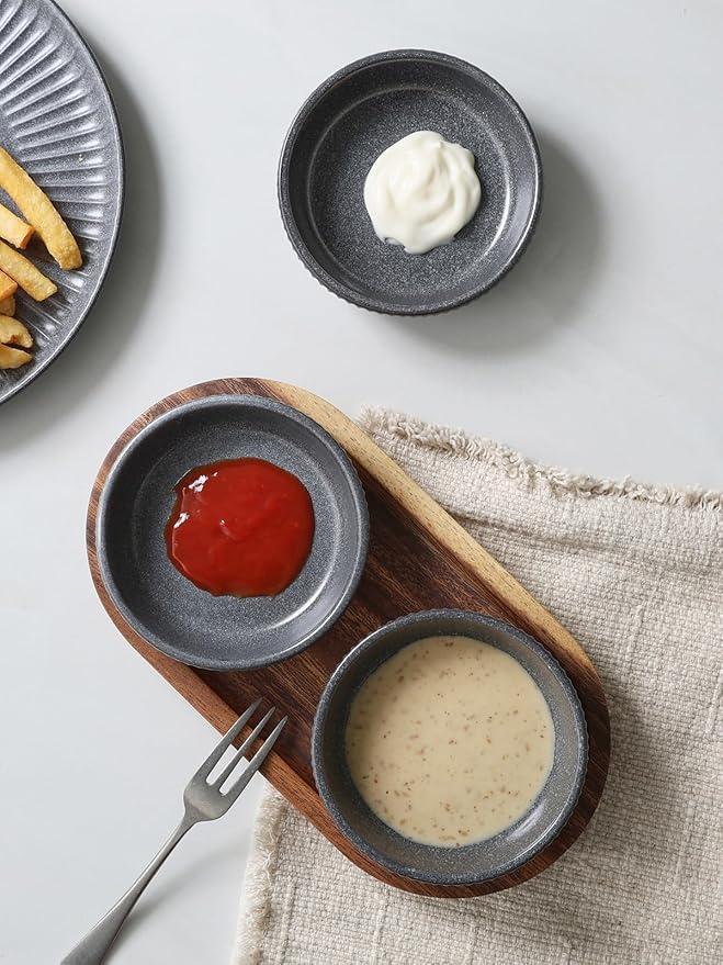 famiware Starlight Soy Sauce Dish Ceramic Dipping Bowls Set of 6, 3 oz Individual Dip Sauce Cups/Bowls/Dishes/Plates, Small Serving Bowl for Side Dishes, Dessert, Condiment, Matte Midnight Grey