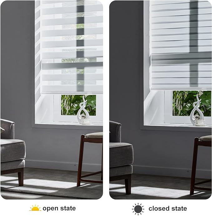 Persilux Cordless Zebra Blinds for Windows (55" W X 64" H, White) Free-Stop Windows Shades Dual Layer Light Control for Day and Night, Light Filtering Sheer Shades for Home, Easy to Install
