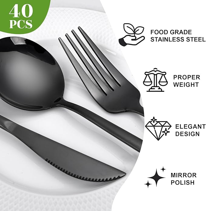 NOCCUR 40-Piece Stainless Steel Black Silverware Set for 8 - Black Utensils Set Include Knives Spoons and Forks for Home/Party/New Year
