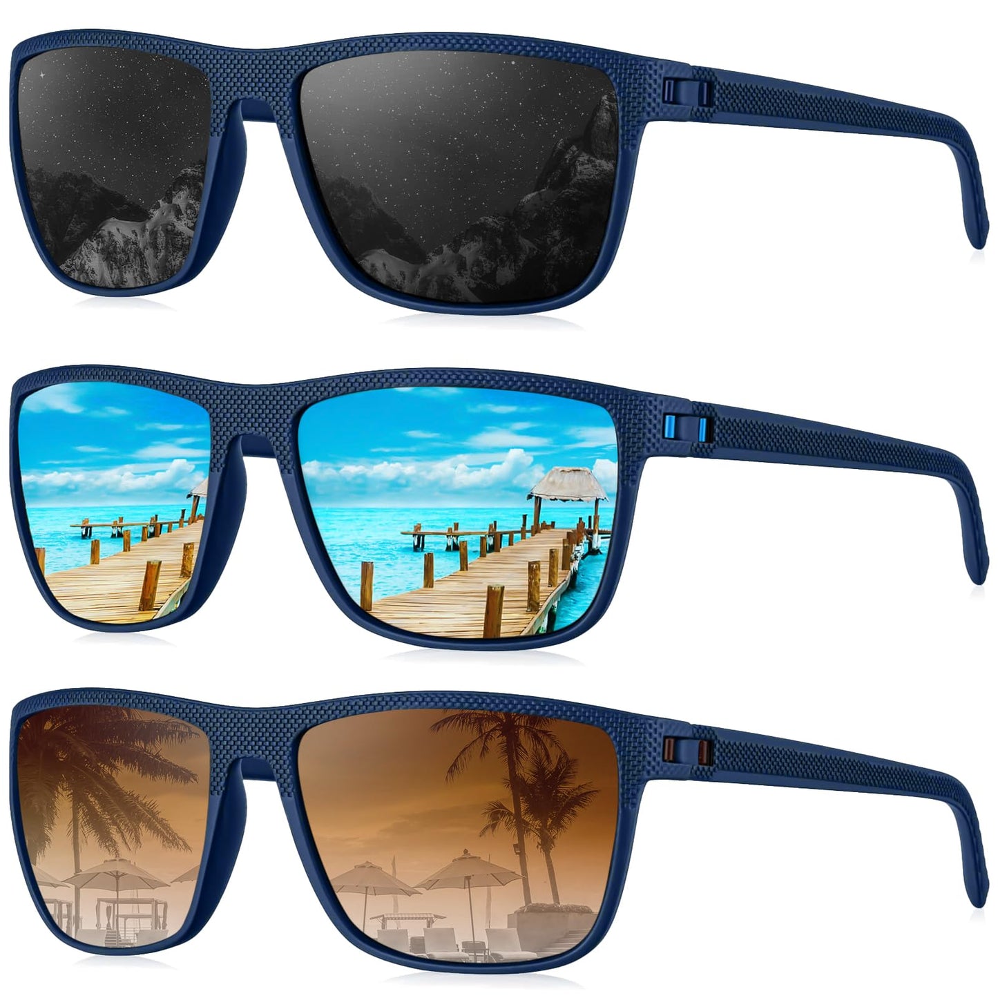 KALIYADI Polarized Sunglasses Men, Lightweight Mens Sunglasses Polarized UV Protection Driving Fishing Golf (Frame Blue|Lens Black/Ice Blue/Gradual Brown)