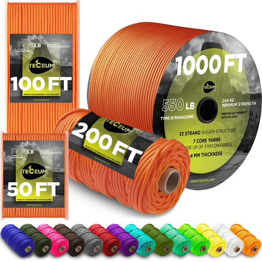 TECEUM Paracord Type III 550 Orange Yellow – 50 ft – 4mm – Tactical Rope MIL-SPEC – Outdoor para Cord – Camping Hiking Fishing Gear – EDC Parachute Cord – Strong Survival Rope 044