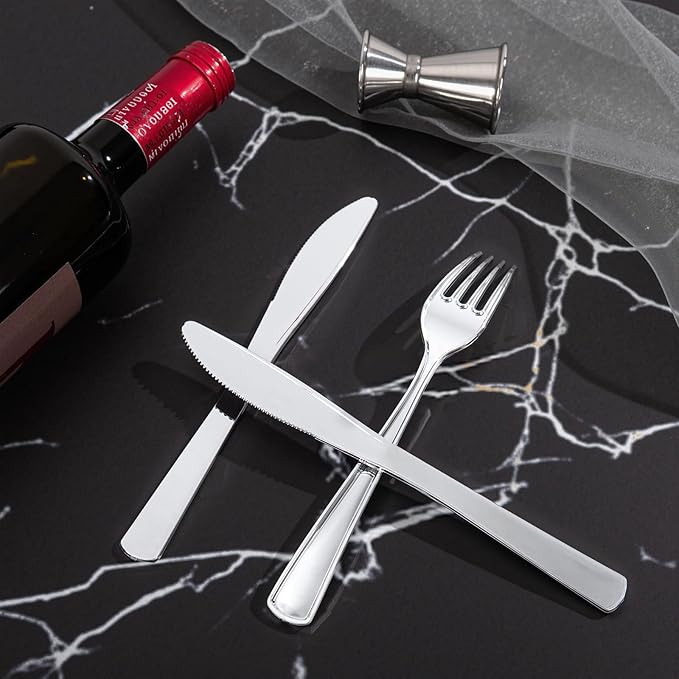 300Pieces Silver Plastic Silverware - Heavy Duty Disposable Utensils - Silver Plastic Cutlery Set Includes 100 Forks, 100 Spoons, 100 Knives for Dinner Parties Weddings