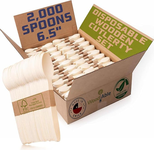 Disposable Wooden Cutlery Set - 100% Home Compostable - 2000 Spoons 6.5", Bamboo Utensils Alternative, Eco-Friendly, Organic, Sustainable and Carbon Neutral Certified
