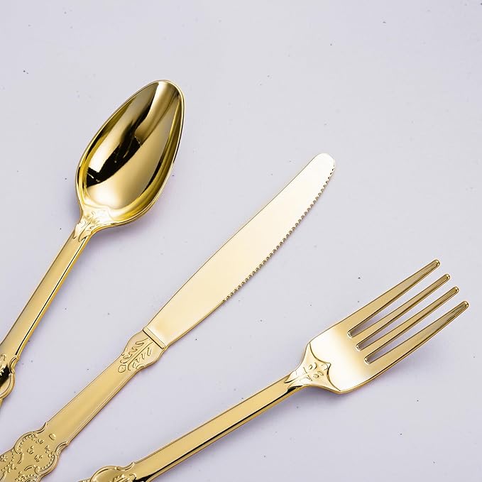 N9R 120PCS Gold Plastic Silverware, Disposable Silverware Include 40 Forks, 40 Spoons, 40 Knives, Gold Cutlery Set Disposable for Party, Wedding and Daily Use