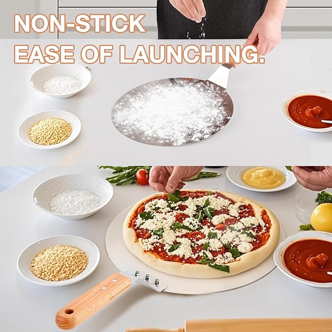 12 Inch Stainless Pizza Peel, Pizza Spatula with Ergonomic Long Wood Handle for Pizza Oven Baking, Turing Peel for Pizza, Dough, Bread Pastry