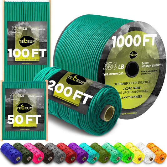 TECEUM Paracord Type III 550 Emerald Green – 100 ft – 4mm – Tactical Rope MIL-SPEC – Outdoor Para Cord –Camping Hiking Fishing Gear and Equipment – EDC Parachute Cord – Strong Survival Rope 086