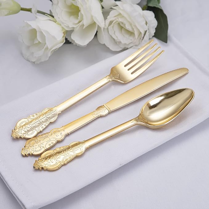NOCCUR 180PCS Gold Plastic Cutlery Set - Gold Plastic Silverware Disposable - Include 60 Forks, 60 Spoons, 60 Knives - Perfect for Wedding/Fall Party/Thanksgiving