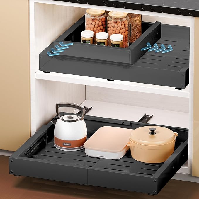 1 Pack Pull Out Drawers for Cabinets, Slide Out Drawer Expandable Width (12"-19") and Depth (17"-23") With 3 Slides, Fixed with Adhesive Film & Nail for Cabinets in Kitchen, Pantry or Bathroom - Black