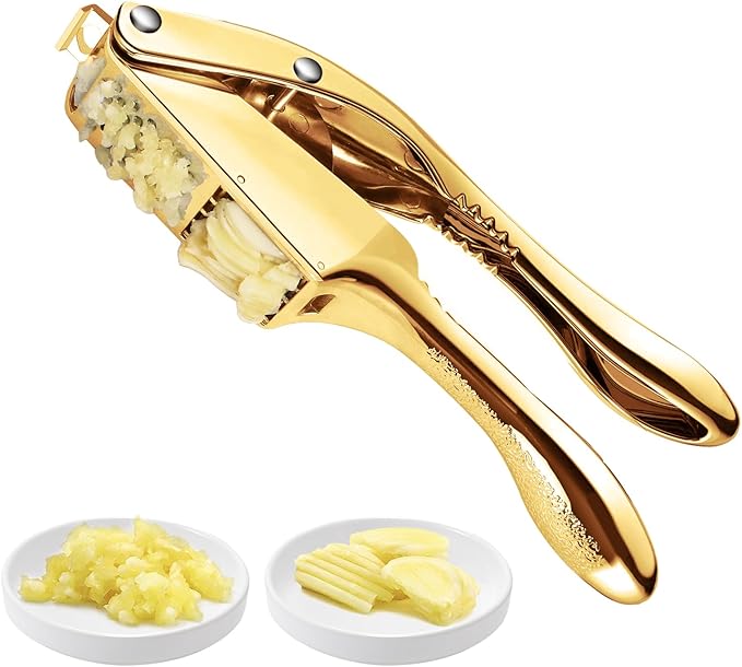 Garlic press and slicer 2 in 1,Effortlessly Crush, Slice, and Mince Garlic,with this Versatile Kitchen Tool - Perfect for Home Cooks and Professional Chefs Alike. (Golden)
